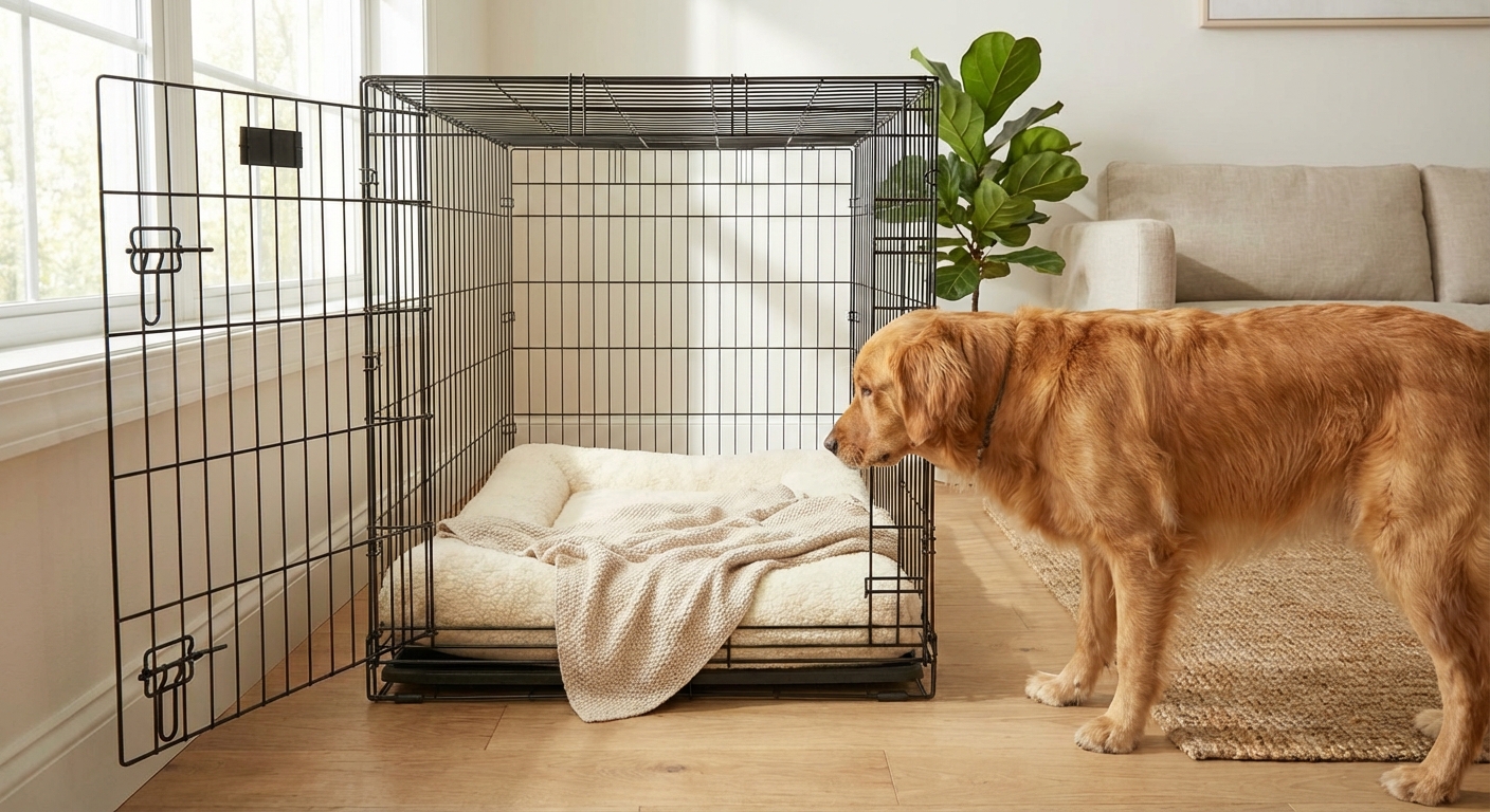 An adult dog sniffing an open crate with a comfy bed and a light blanket cover in a quiet room