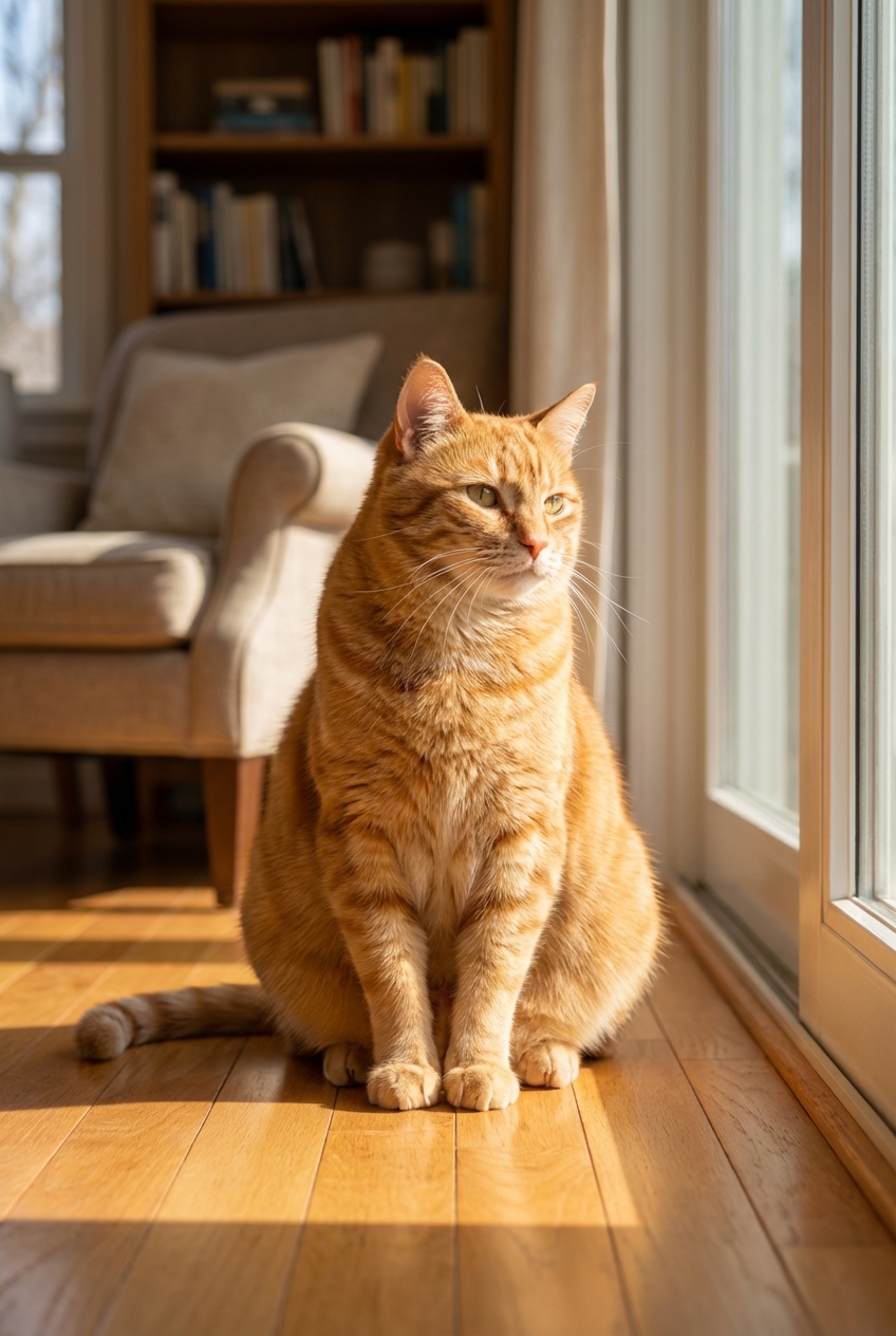 An adult domestic shorthair cat sitting calmly in a sunny home environment