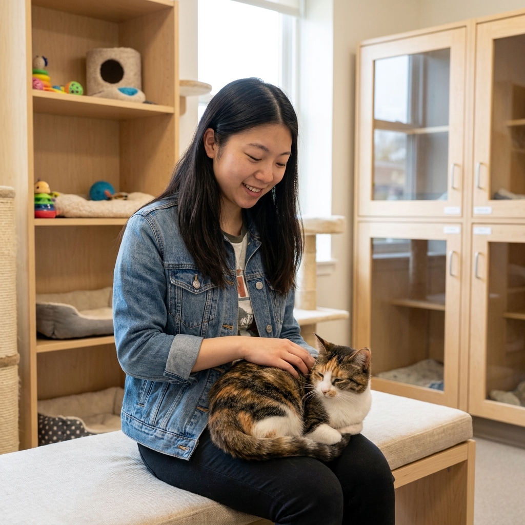 An adult domestic shorthair cat sitting calmly in a clean adoption room, realistic photography style