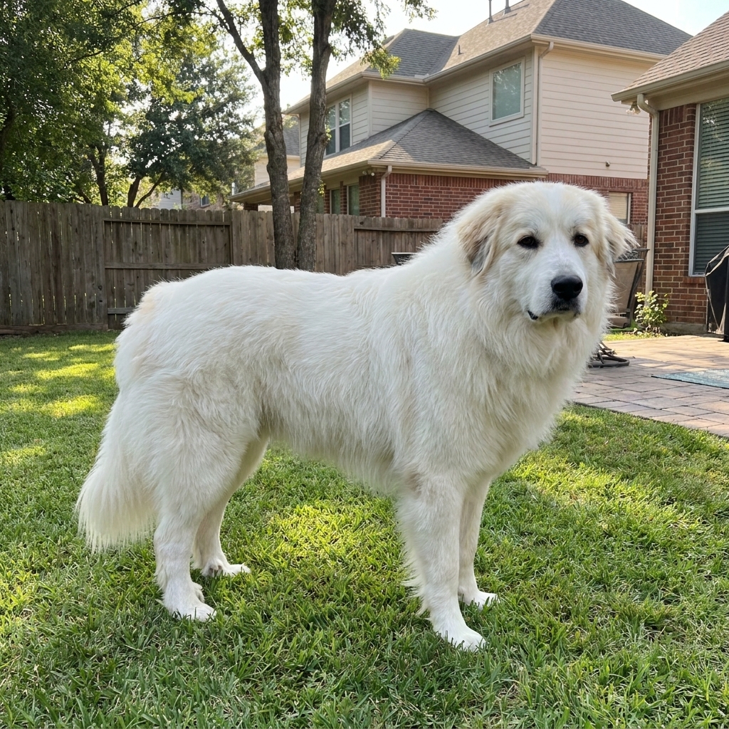 An adult female Great Pyrenees standing in a suburban backyard, full body visible with a thick coat and a calm expression, realistic photograph