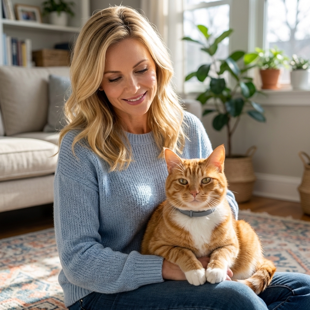An adult orange cat wearing a properly fitted breakaway flea collar while sitting calmly on a living room rug in natural light