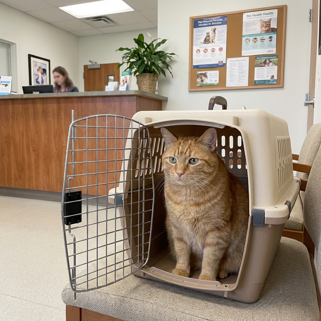 An adult orange tabby cat sitting calmly in a carrier in a veterinary clinic waiting room
