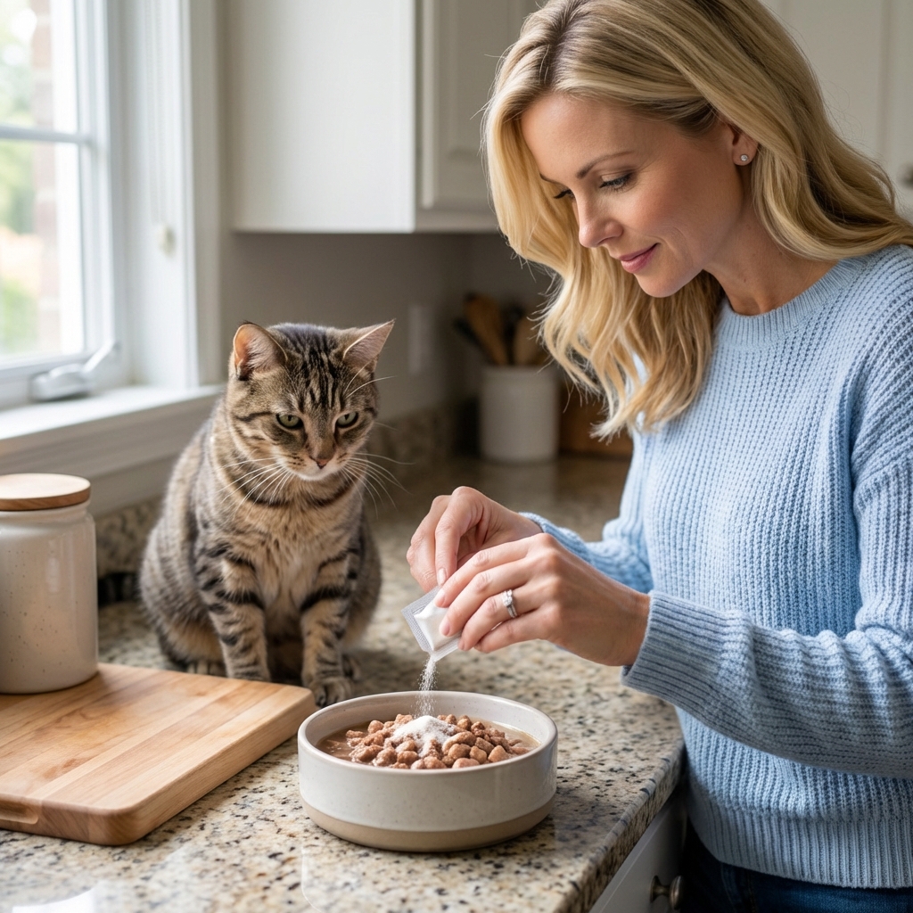 An adult person sprinkling a small amount of probiotic powder onto wet cat food in a kitchen