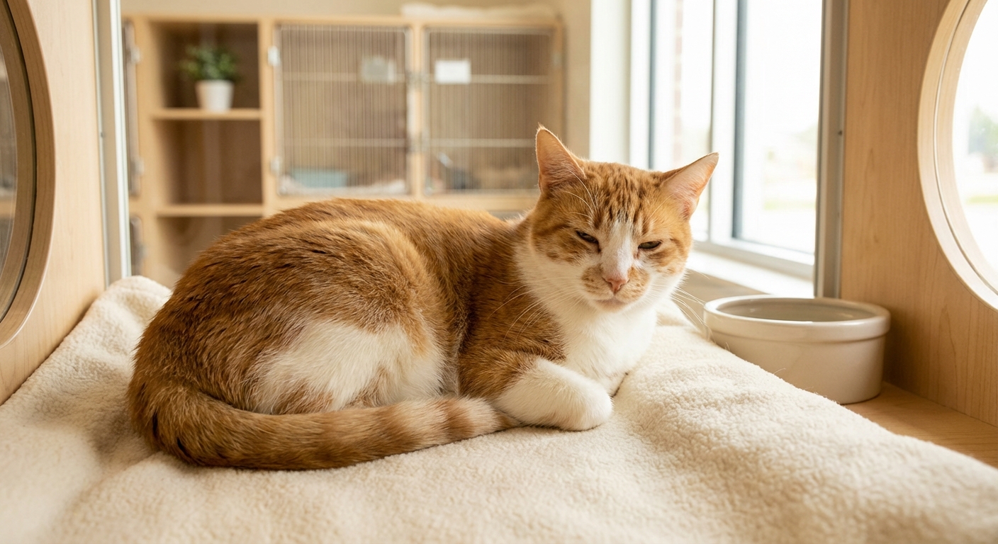 An adult shelter cat resting calmly in a clean, softly lit adoption room