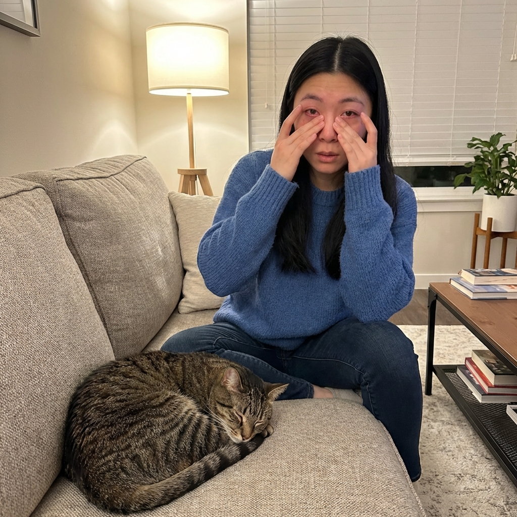 An adult sitting on a sofa rubbing watery eyes while a cat rests nearby