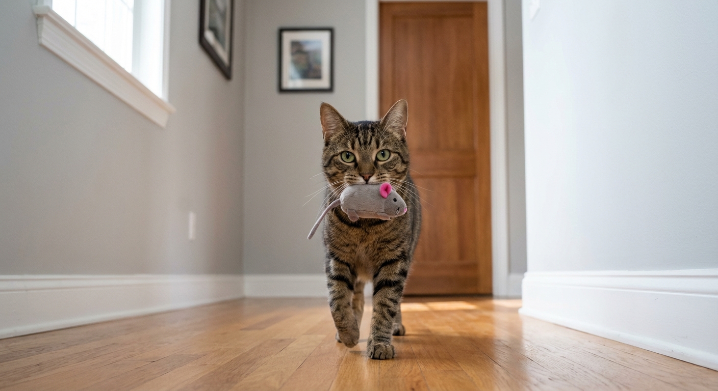 An adult tabby cat carrying a small plush mouse toy in its mouth in a hallway