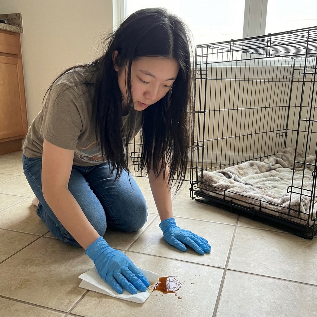 An adult wearing disposable gloves while cleaning a small mess on a tiled floor near a dog crate