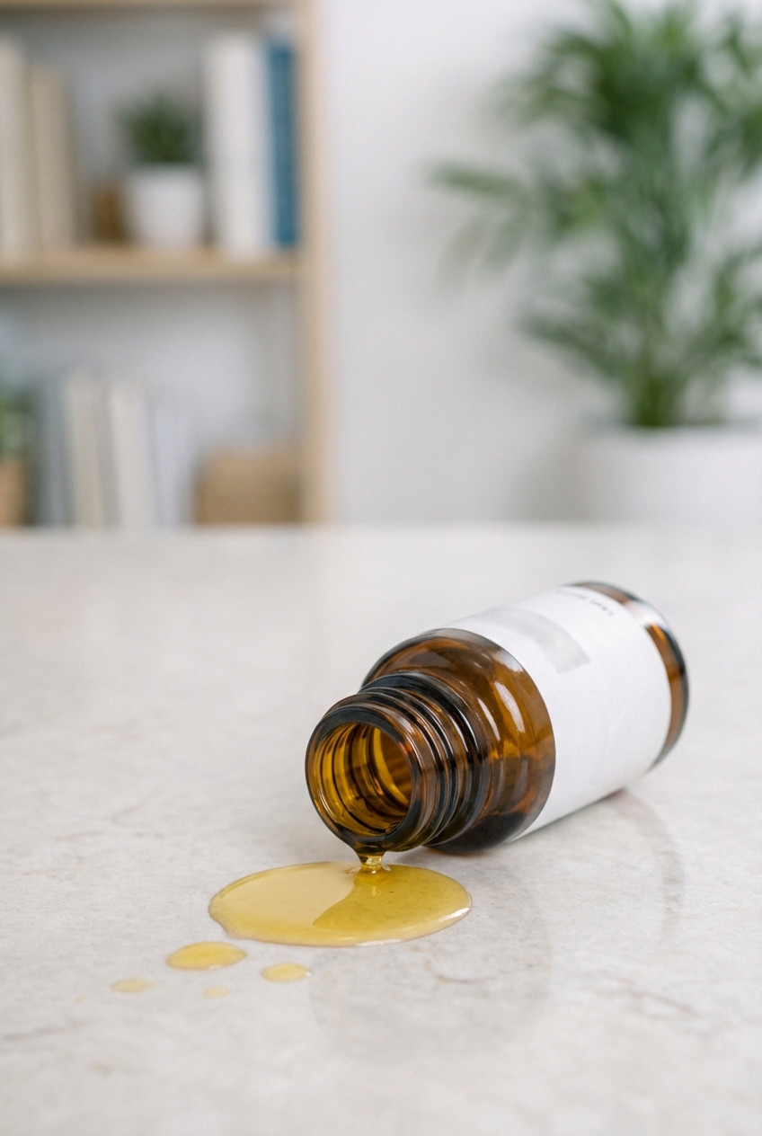 An amber essential oil bottle tipped over on a countertop with a small oil spill