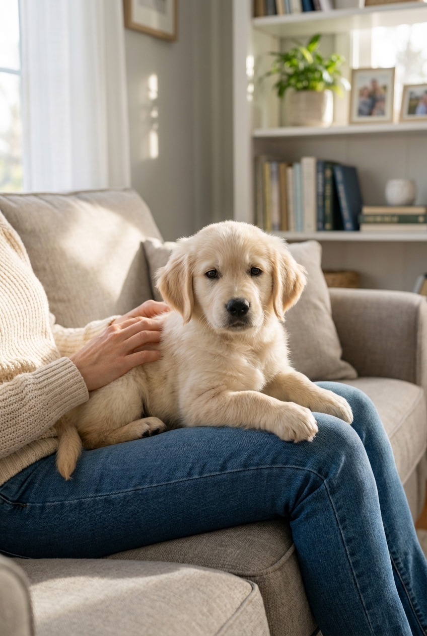 An eight-week-old puppy sitting calmly in a person’s lap in a quiet living room