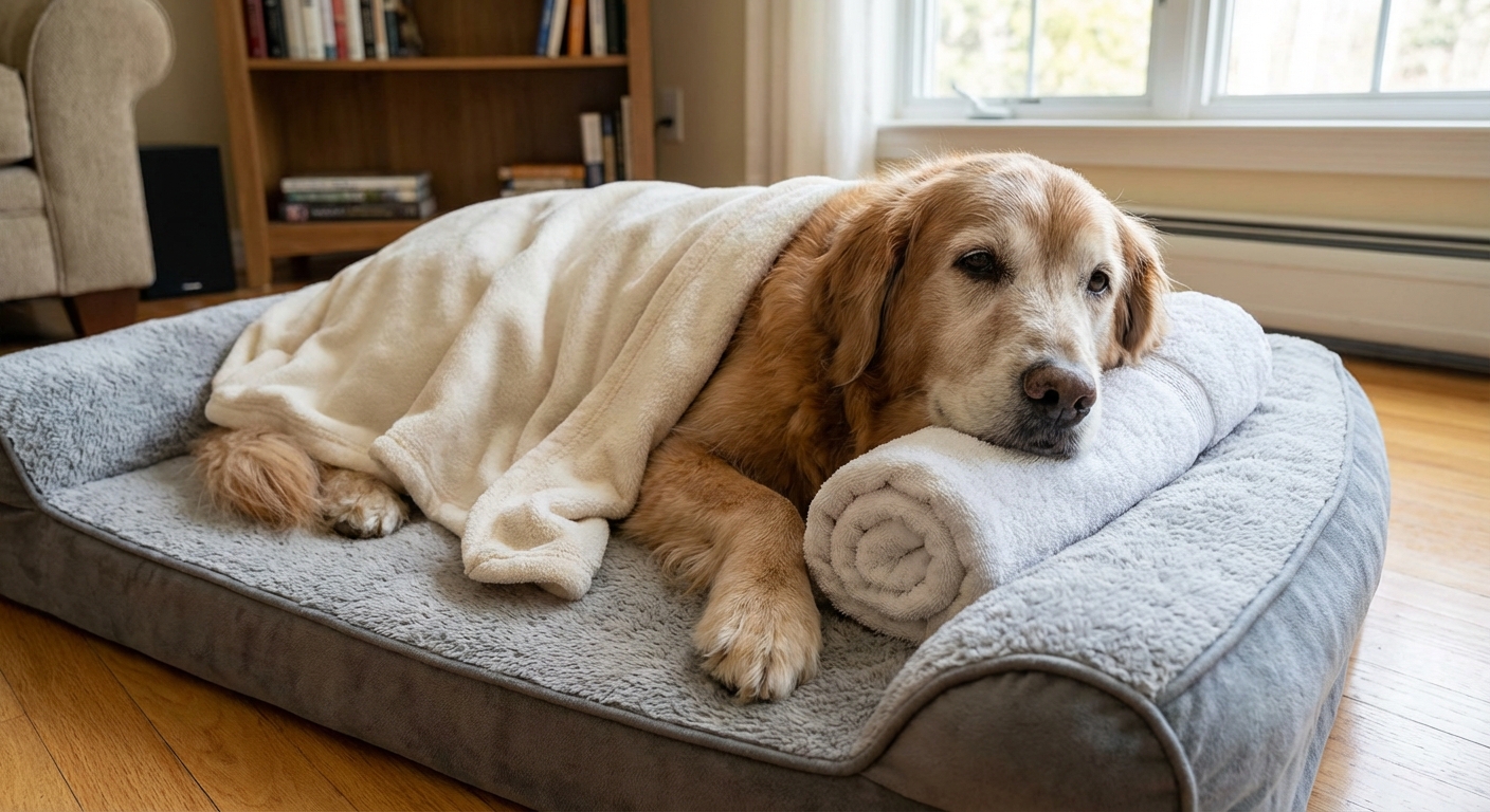 An elderly dog lying on an orthopedic bed with a soft blanket and a rolled towel supporting its body