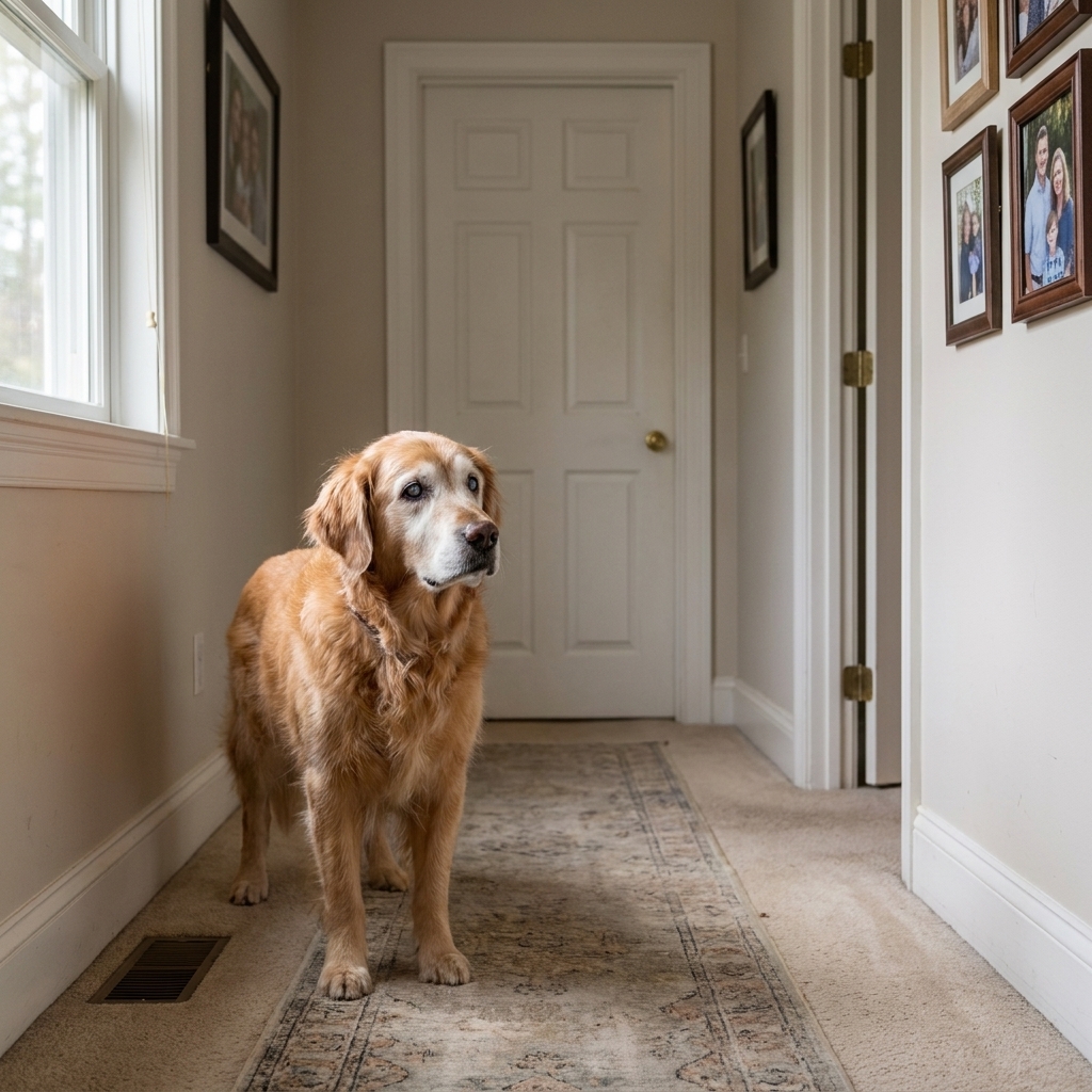 An elderly dog standing in a hallway looking confused and staring toward a closed door in a quiet home, realistic photograph