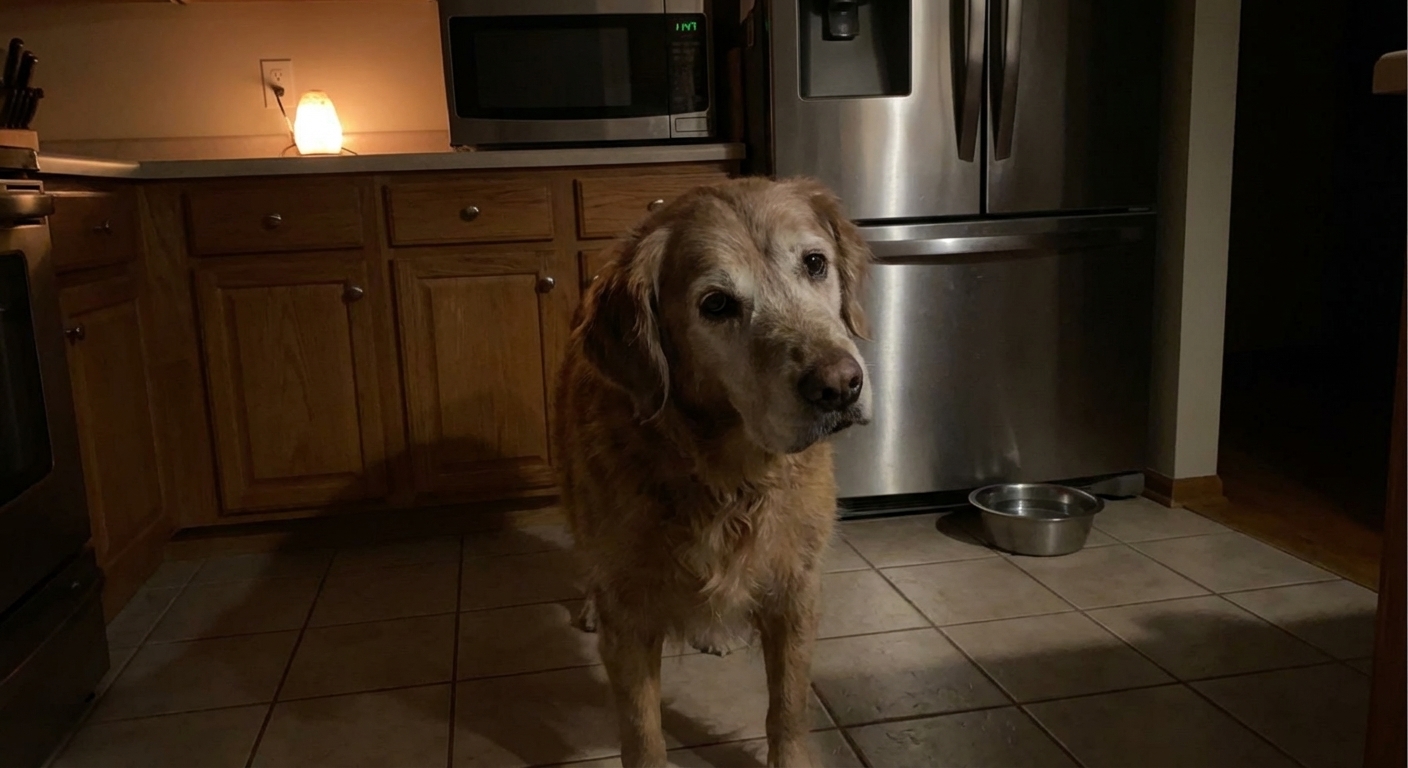 An elderly dog standing quietly in a kitchen at night with a slightly confused expression, realistic photography style