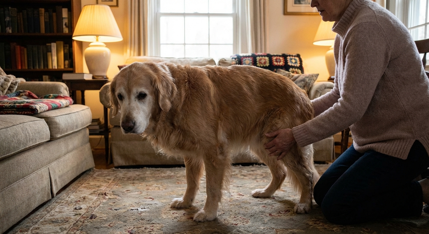 An elderly golden retriever standing slowly on a living room floor while a person gently supports the dog near the hips, warm indoor lighting, candid photorealistic