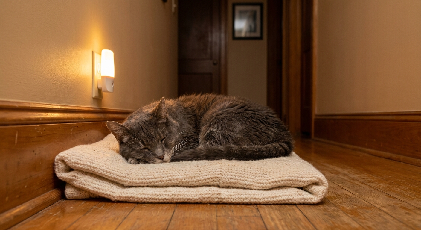 An elderly gray cat resting on a soft blanket near a small night light in a hallway