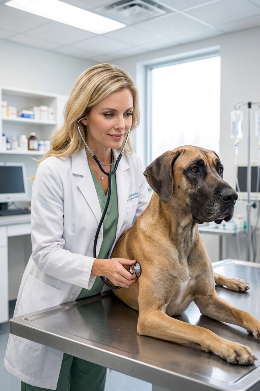 An emergency veterinarian gently examining a large deep-chested dog on a treatment table in a brightly lit animal hospital