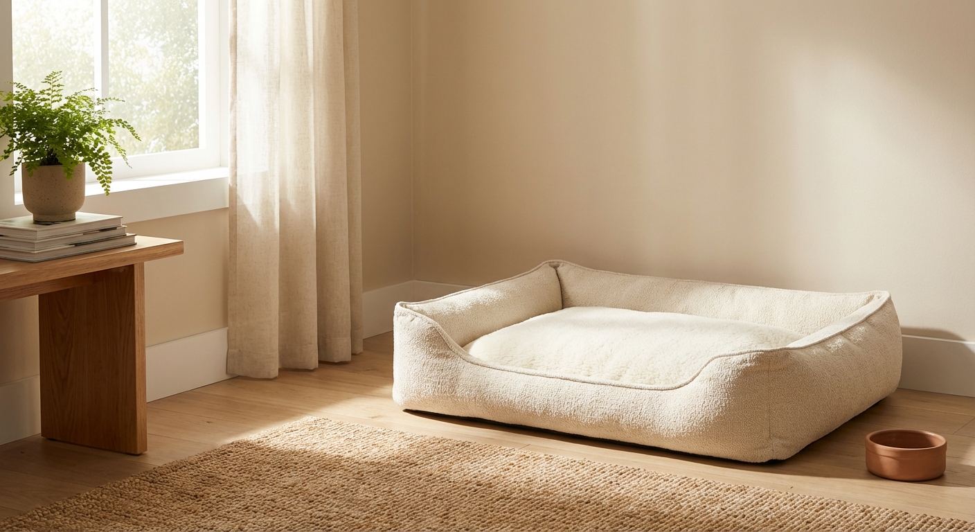 An empty dog bed in a quiet corner of a sunny room
