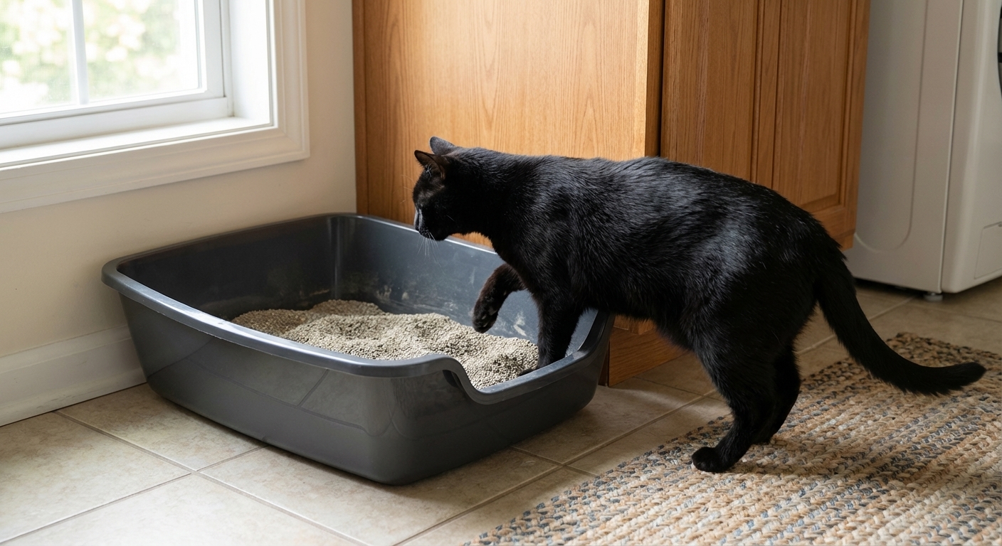 An indoor black cat pausing and stepping carefully into a low-entry litter box, realistic home photography style