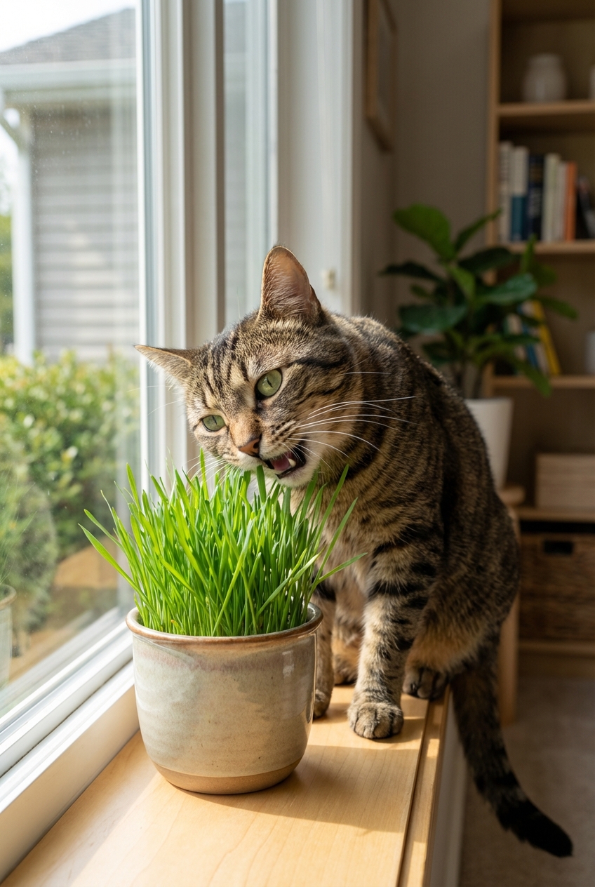 An indoor cat chewing on a small pot of cat grass near a window