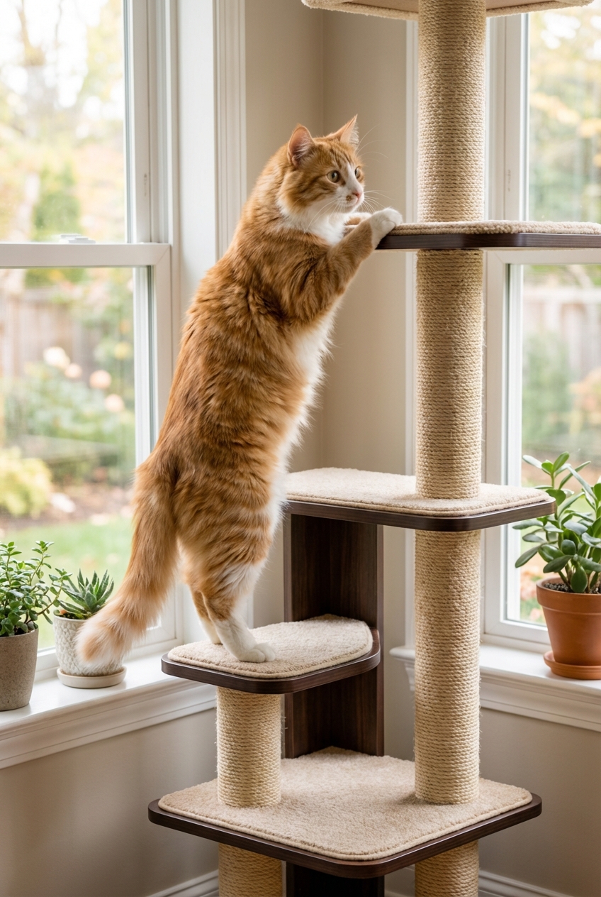 An indoor cat climbing a tall, sturdy cat tree placed near a window