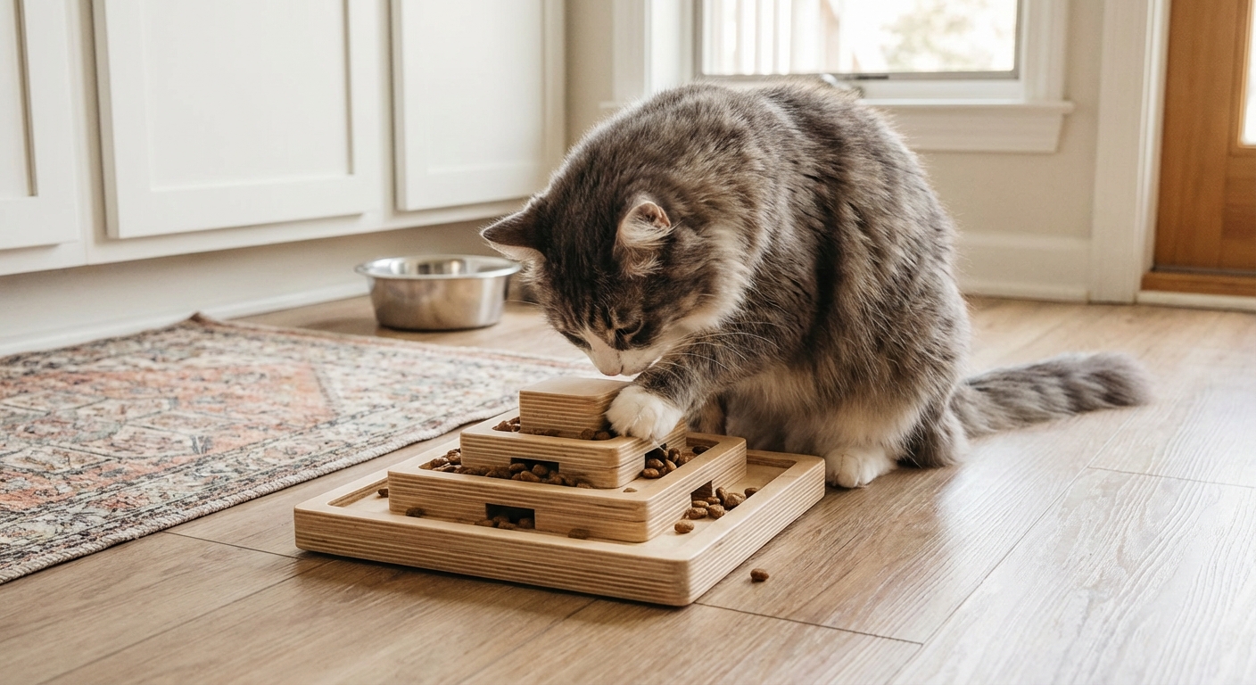 An indoor cat eating dry food from a puzzle feeder on a kitchen floor