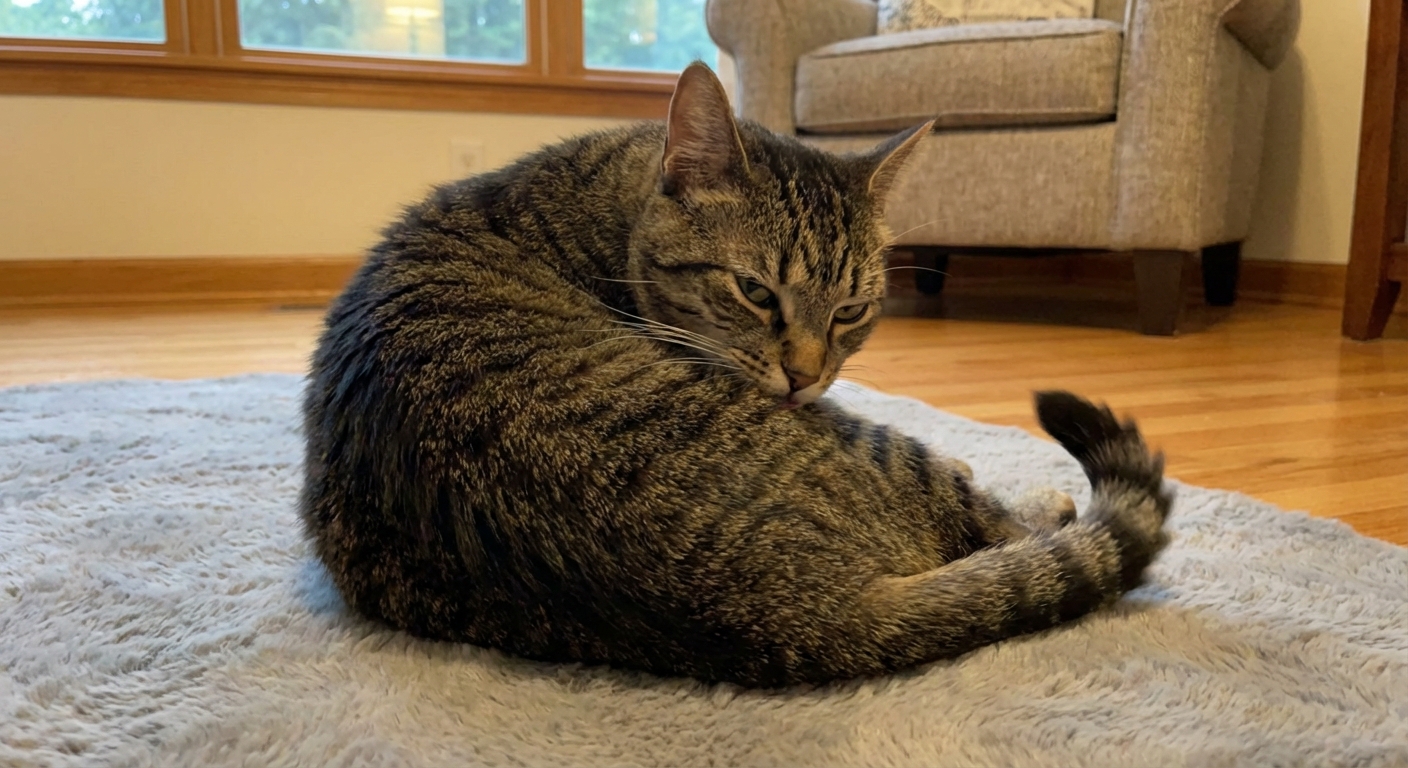An indoor cat grooming its flank repeatedly with a focused, restless expression