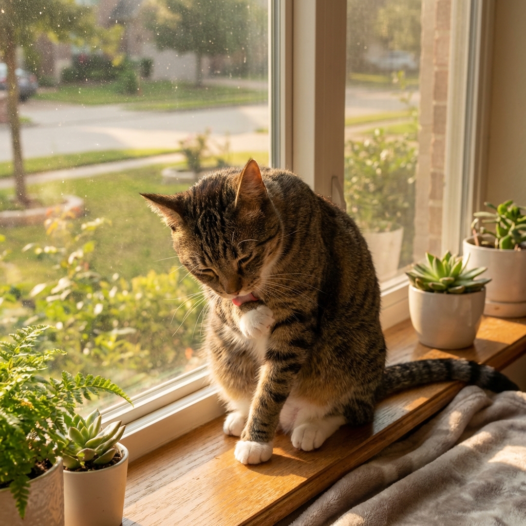 An indoor cat grooming its fur near a sunlit window