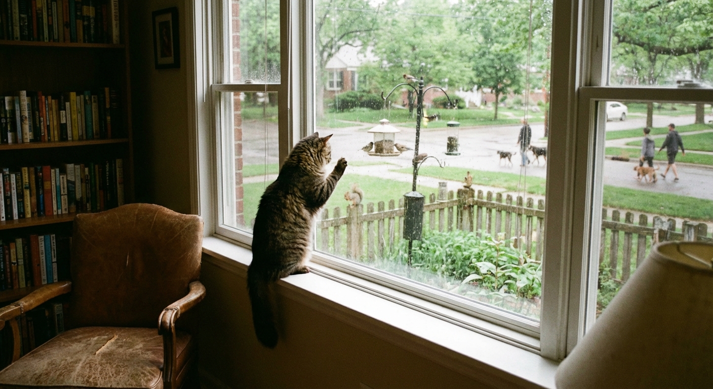 An indoor cat looking out a window toward a front yard