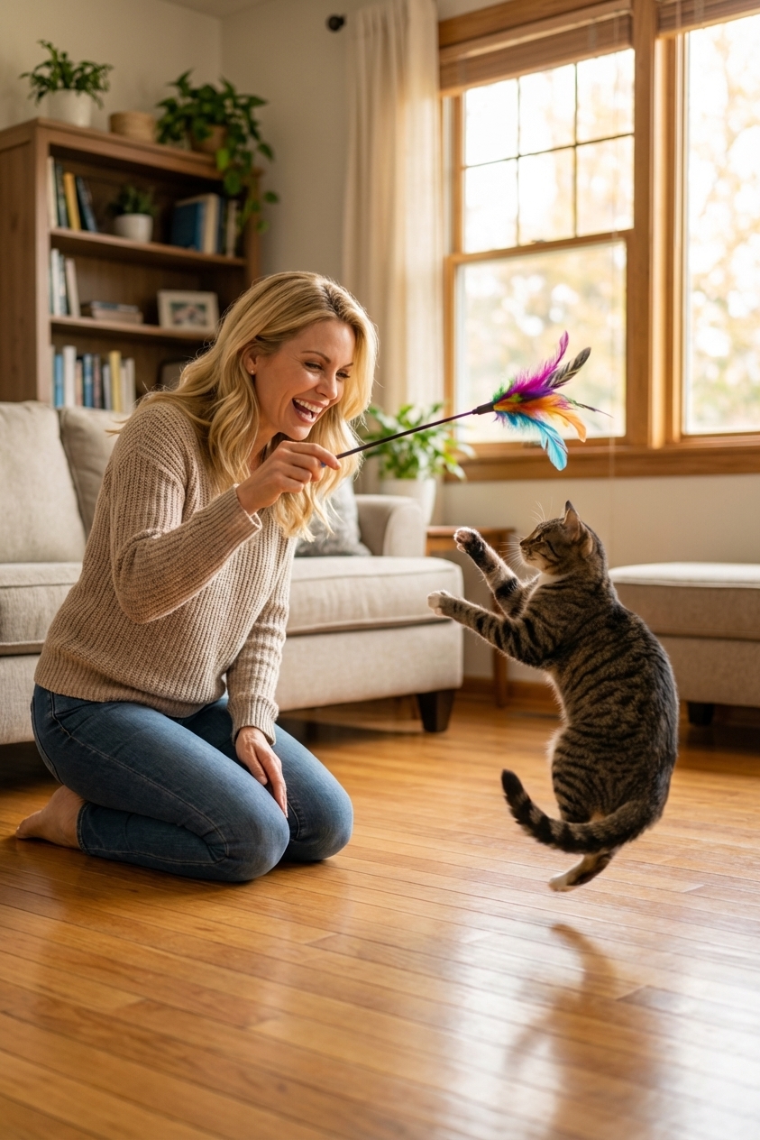 An indoor cat mid-pounce while playing with a feather toy on a living room floor