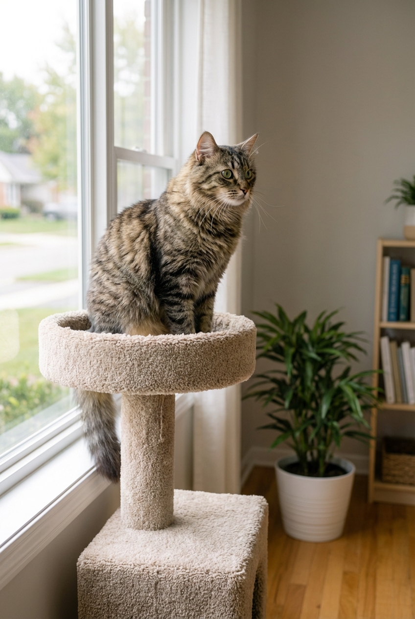 An indoor cat perched on a cat tree near a window looking outside