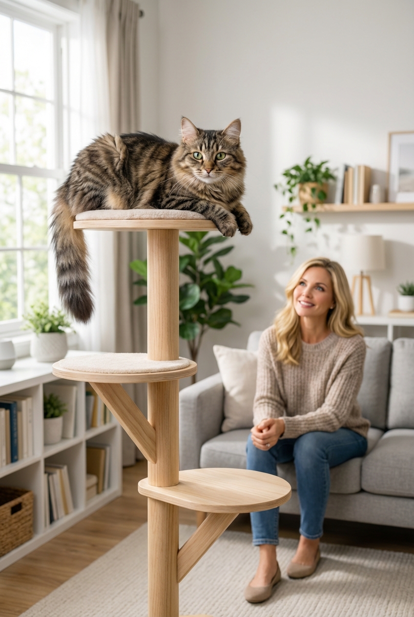 An indoor cat perched on a tall cat tree in a living room