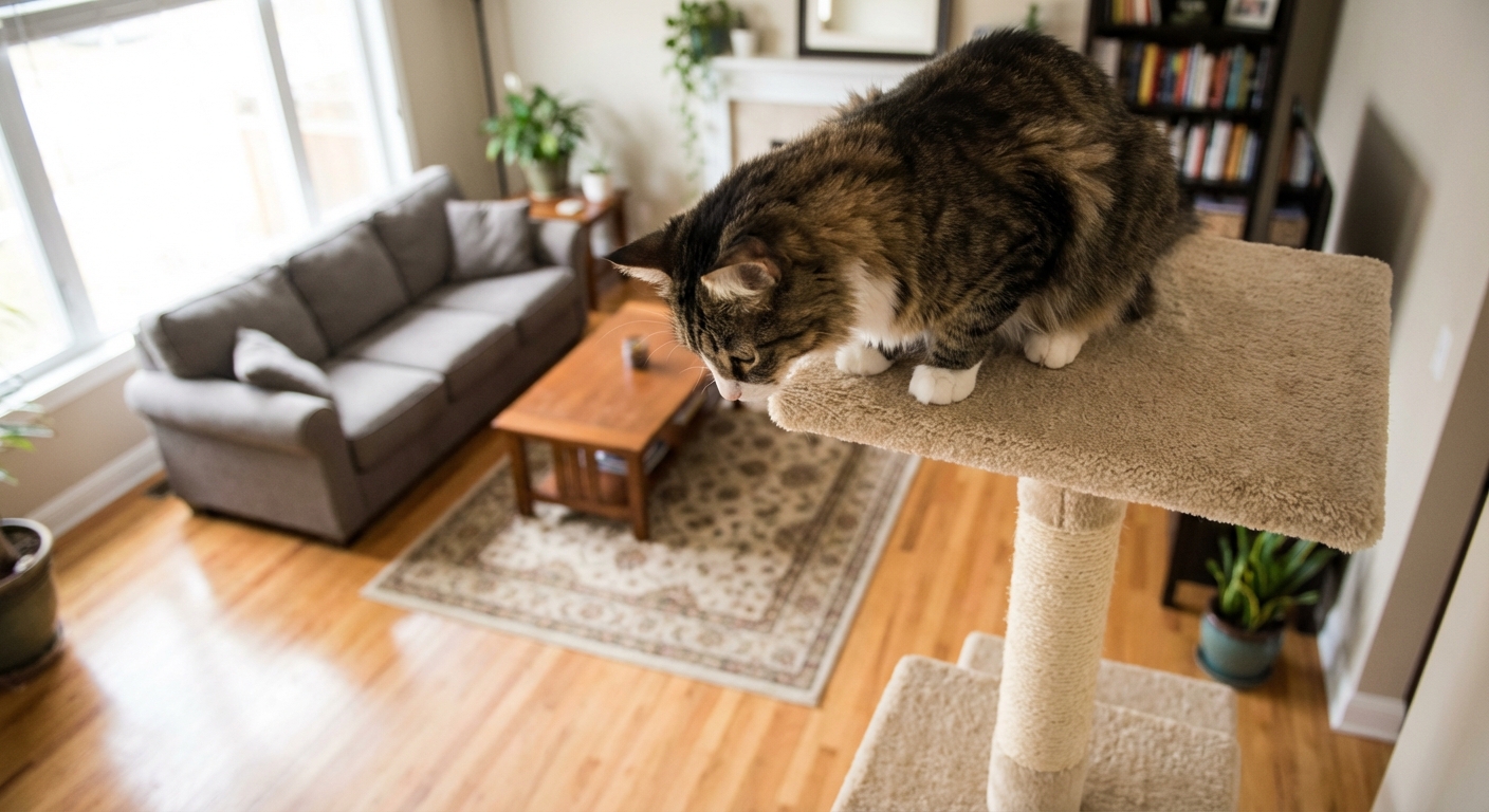 An indoor cat perched on a tall cat tree looking down into a living room