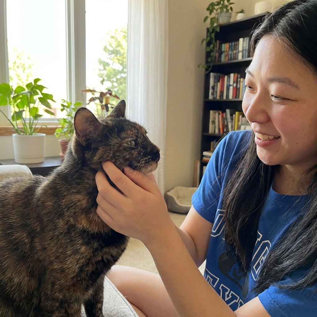 An indoor cat rubbing her cheek against a person’s hand in a home setting