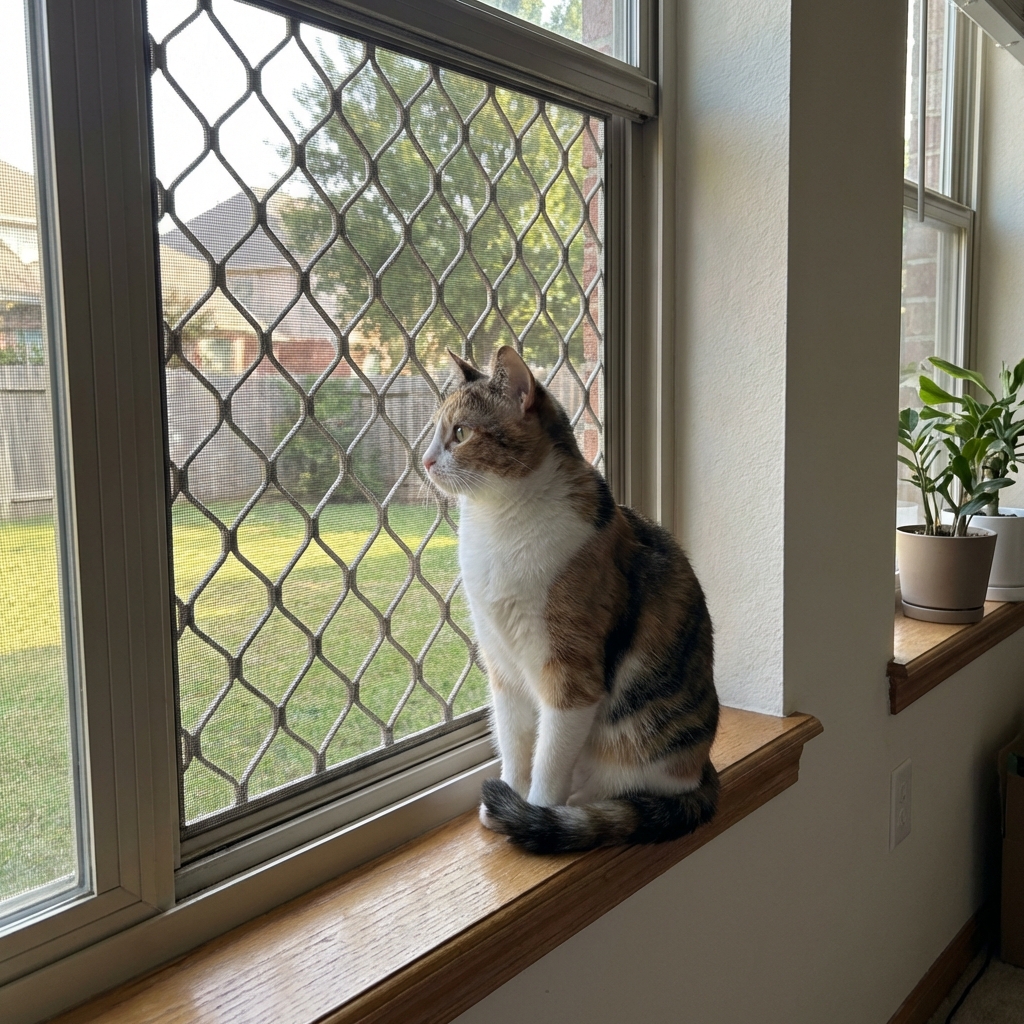 An indoor cat sitting beside a closed window with a secure screen