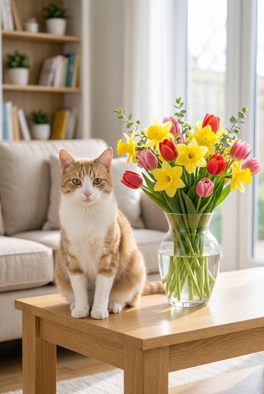 An indoor cat sitting near a bright spring bouquet with tulips and daffodils on a coffee table