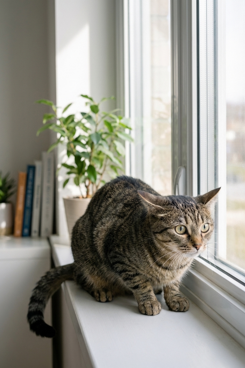 An indoor cat sitting near a window with a tense posture and ears angled back