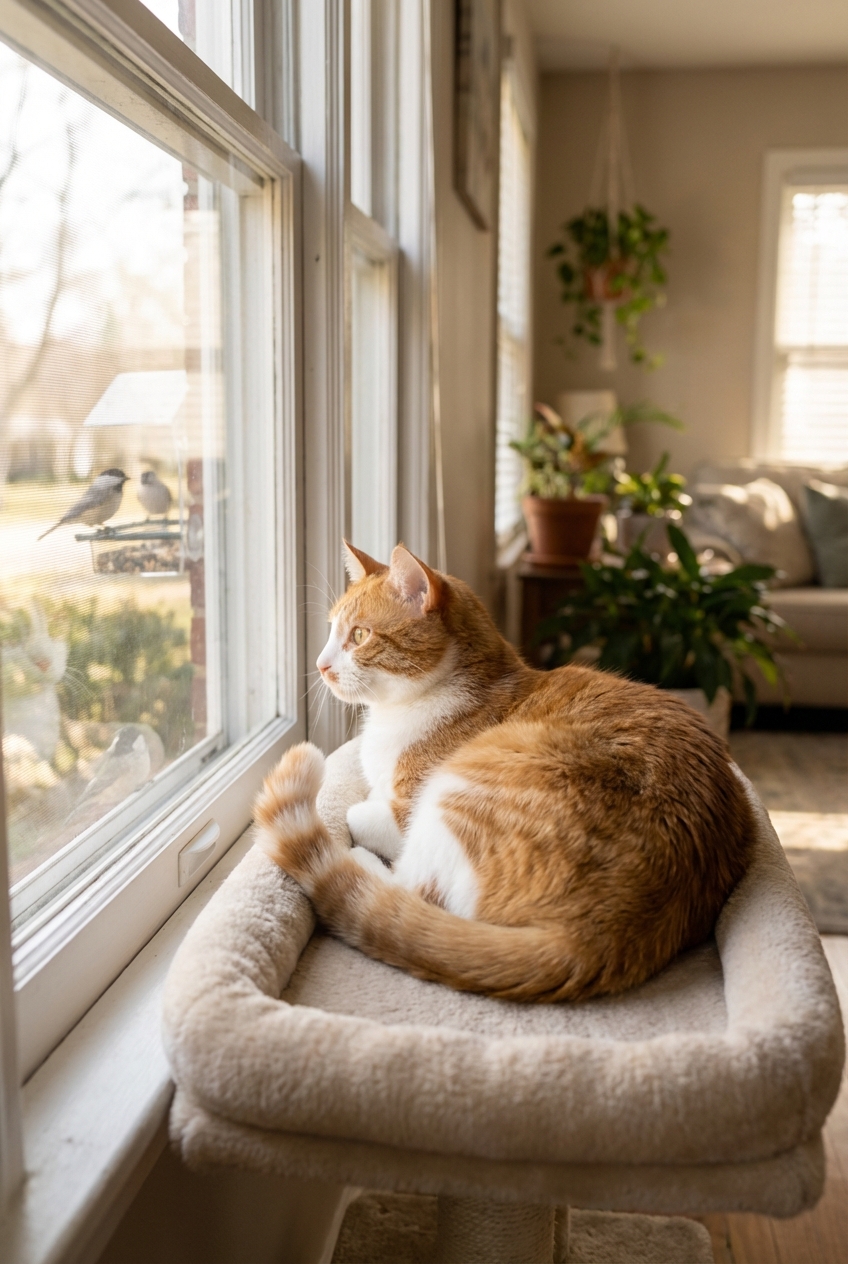 An indoor cat sitting on a padded window perch watching birds outside during daylight