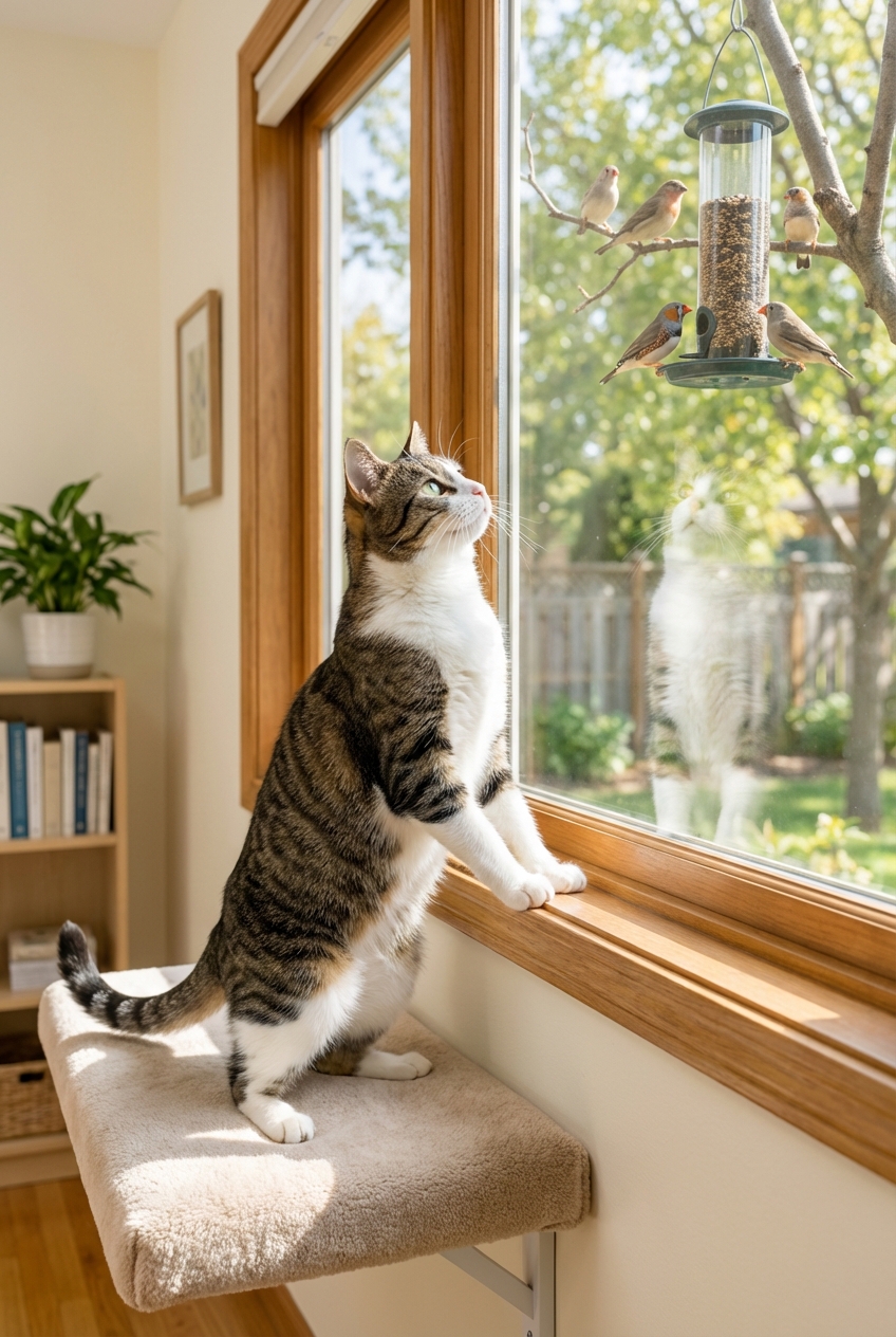 An indoor cat standing on a window perch watching birds outside