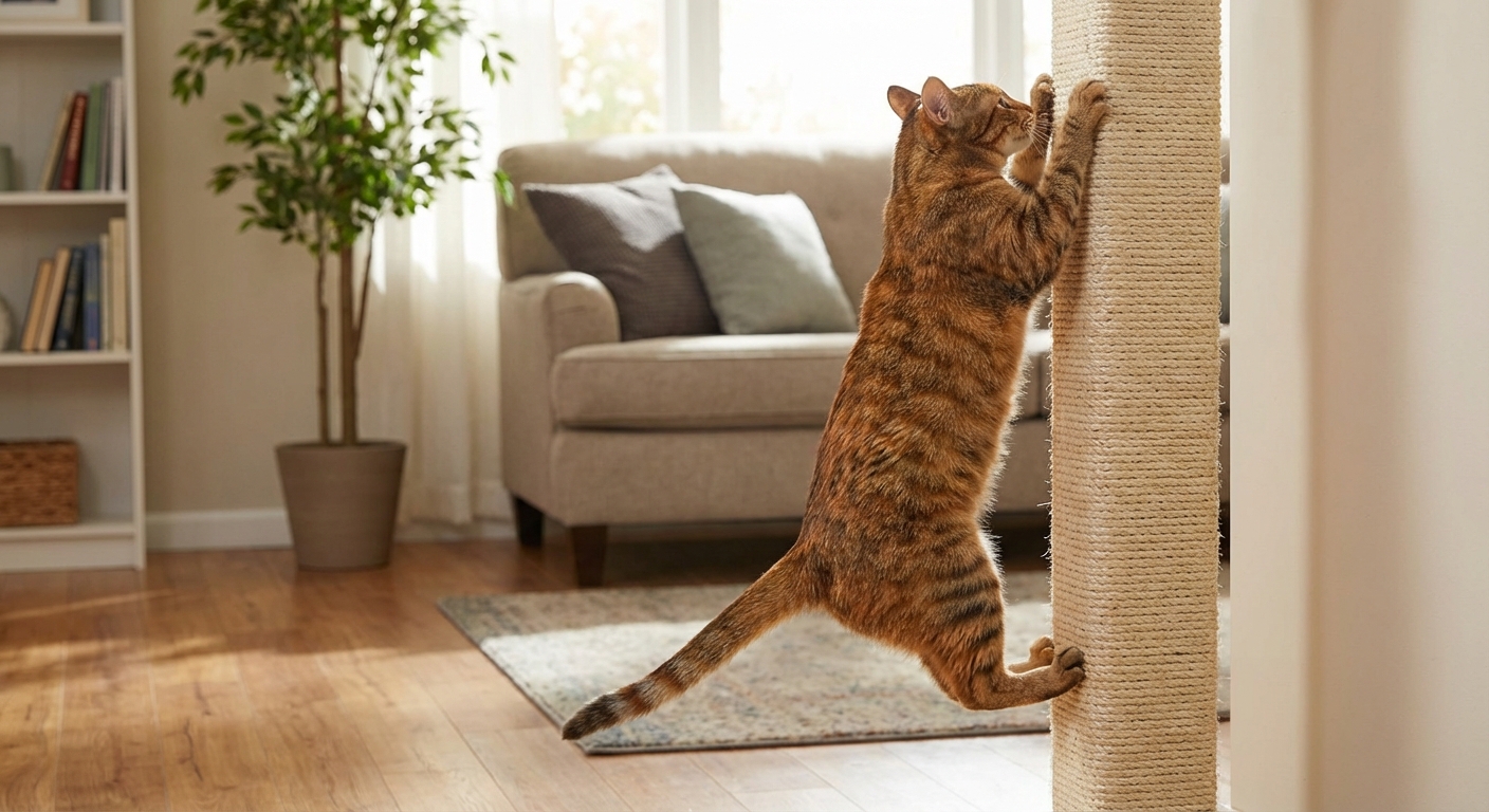 An indoor cat stretching and scratching a tall scratching post in a living room