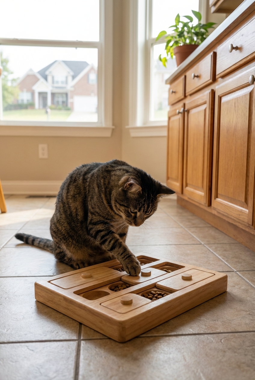 An indoor cat using a puzzle feeder on a kitchen floor