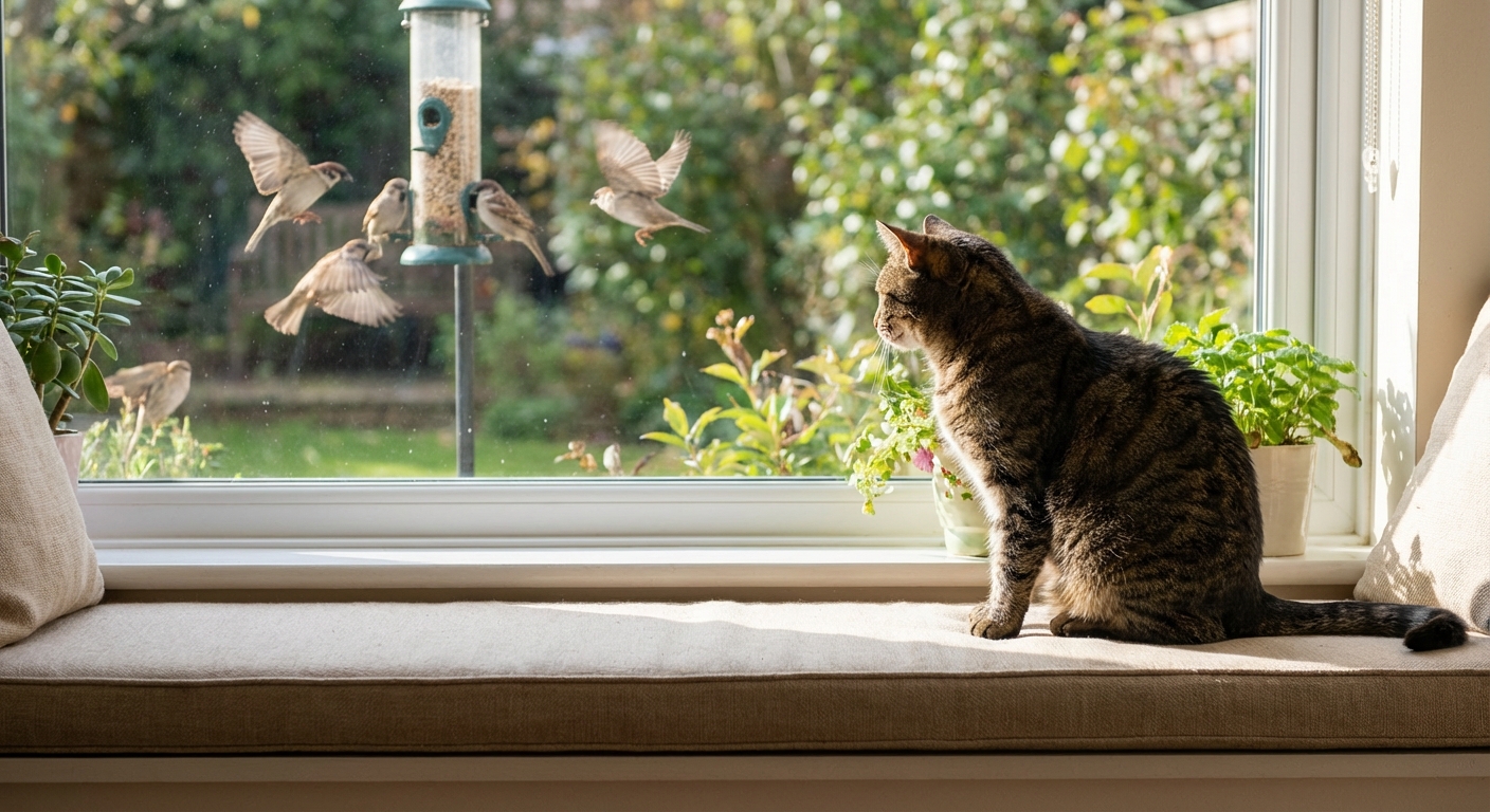 An indoor cat watching birds through a window from a padded perch