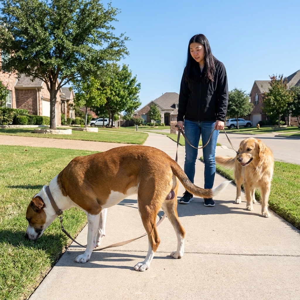 An intact male dog sniffing the ground while a leashed female dog walks with her owner on a suburban sidewalk