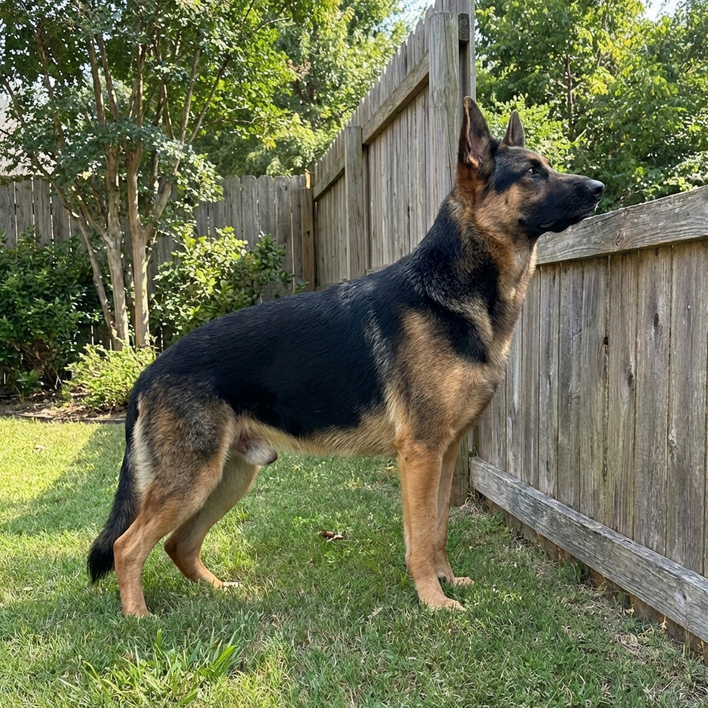 An intact male dog standing alert at a backyard fence, looking outward