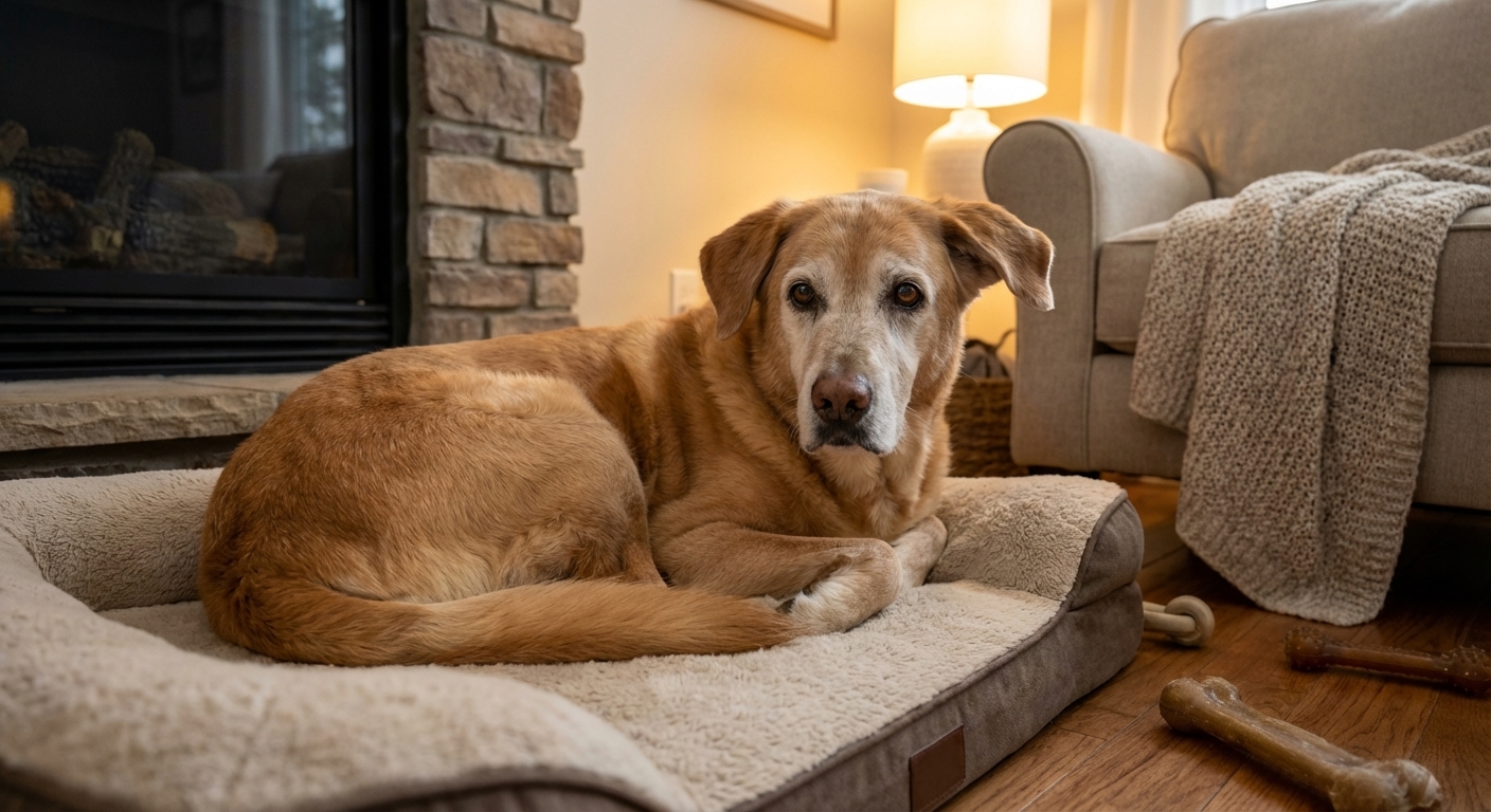 An older Goldador resting comfortably on a dog bed in a cozy living room while looking relaxed and alert, soft indoor lighting, photorealistic