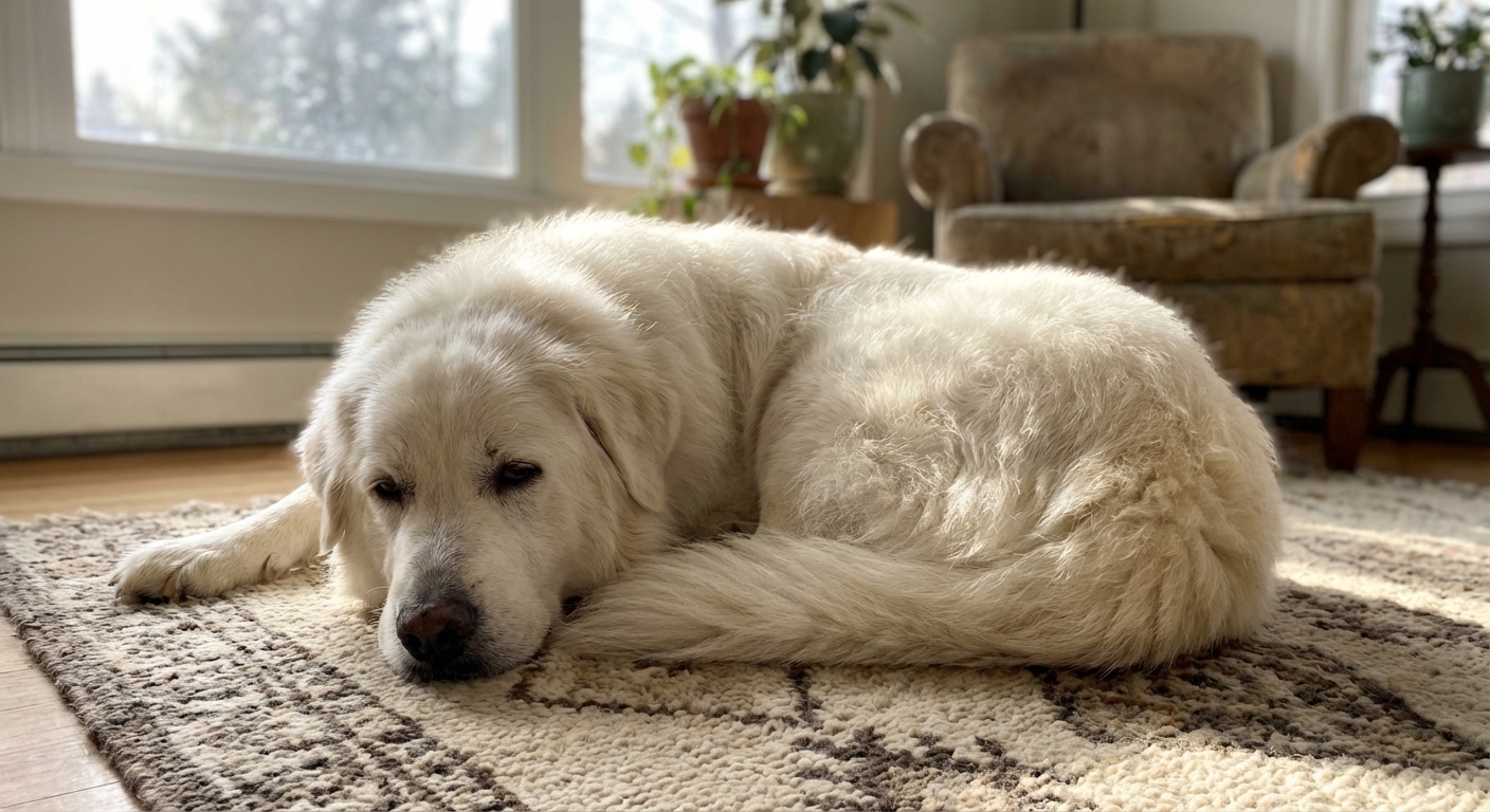 An older Great Pyrenees resting comfortably on a living room rug near a window with soft natural light, photorealistic