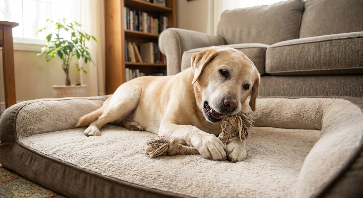 An older Labrador Retriever lying comfortably on a dog bed in a living room while chewing a toy