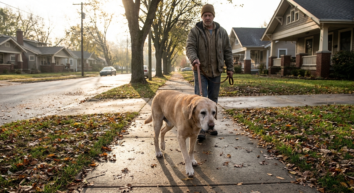 An older Labrador retriever walking slowly on a leash beside an adult on a quiet neighborhood sidewalk, early morning light, photorealistic