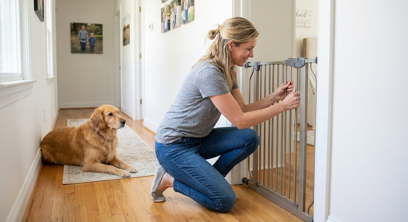 An older adult placing a baby gate in a hallway while a calm dog watches nearby, real photography style