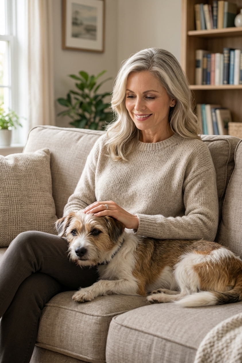 An older adult sitting comfortably on a living room sofa while gently petting a calm mixed-breed dog