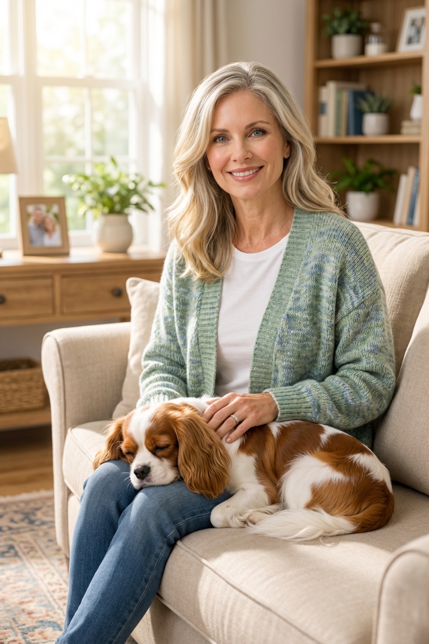 An older adult sitting comfortably on a sofa with a small calm dog resting on their lap in a bright living room
