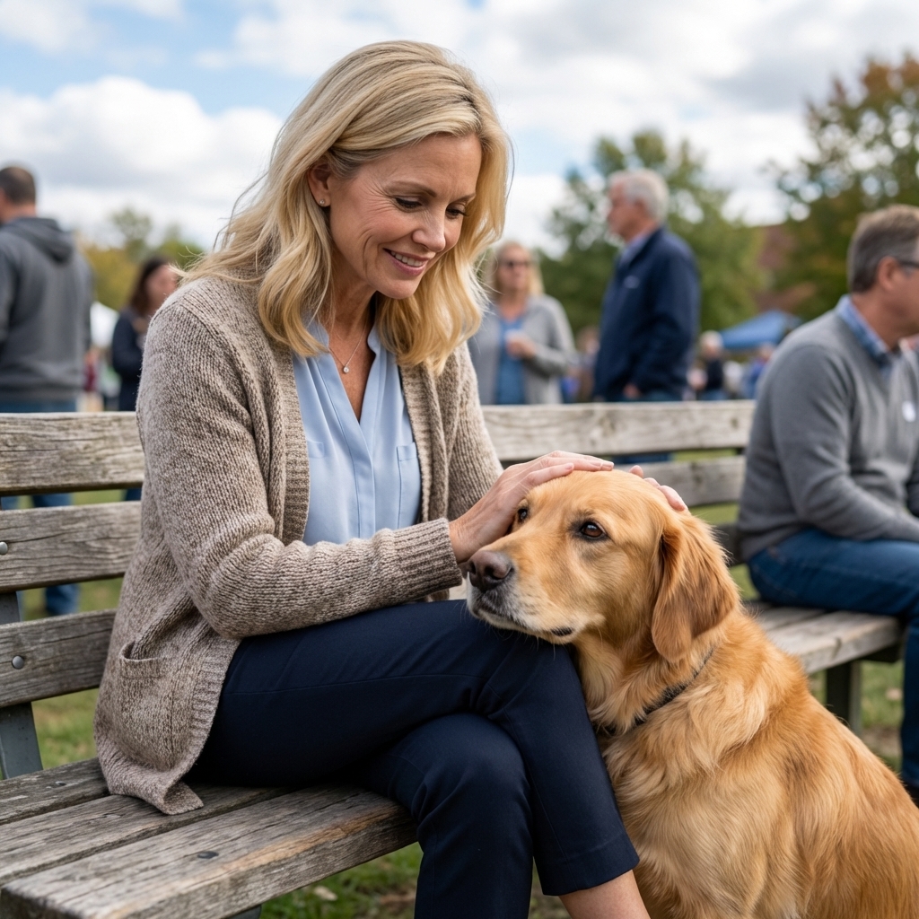 An older adult sitting on a bench during a meet and greet while a medium-sized dog calmly leans in for petting, real photography style